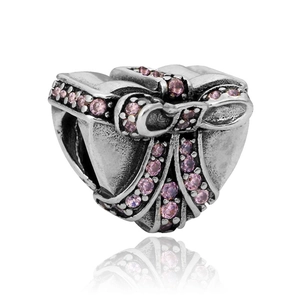 Ciondolo a Forma di Confezione Regalo a Cuore in Lega d'Argento Con Fiocco in Strass Rosa Perline per Braccialetti DIY Gioielli Donna