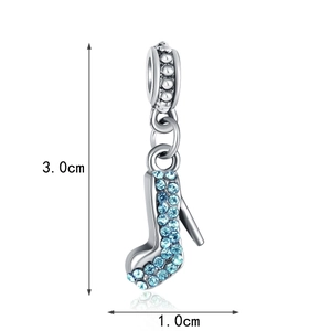Detailed view of blue crystal high heel pendant with 3.0cm height and silver finish
