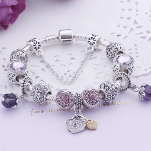 Bracelet à breloques en cristal violet fait main avec chaîne serpent et pendentif cœur