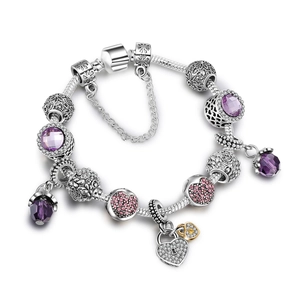 Bracelet chaîne serpent ethnique avec perles en cristal violet et pendentif cadenas cœur