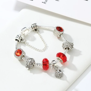 Ethnic style pink crystal charm bracelet with red crystals and heart clasp silver chain