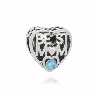 Herz-Perle aus Silber mit BEST MOM Gravur und einem hellblauen Edelstein-Anhänger