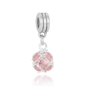 Detailed view of pink crystal faceted gemstone charm with silver slider and four-prong setting