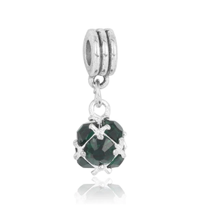 Macro view of silver charm pendant featuring a square faceted dark green gemstone