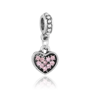 Vintage silver heart charm pendant with ten pink rhinestones for DIY jewelry making