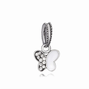 Silver butterfly charm with white enamel and sparkling zircon stones for DIY bracelets