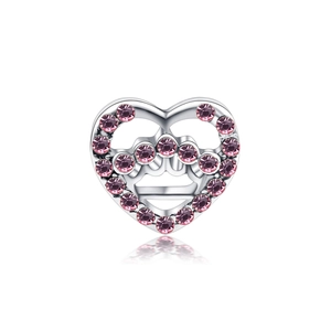 Crown heart charm pendant with pink gemstones in polished silver-tone finish