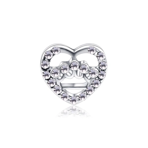 Silver heart crown charm with sparkling cubic zirconia stones and reflective base