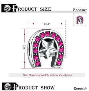 Detailed size map of horseshoe charm with pink stones and star, 0.44 by 0.56 inches
