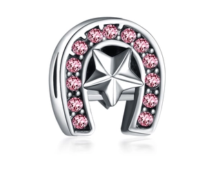Silver horseshoe charm with a central star and pink zircon stones for DIY bracelets
