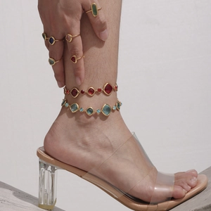 Bohemian gold-plated anklet and ring set with sparkling colorful square crystals