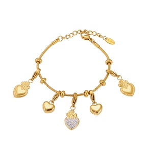 18K gold plated stainless steel snake chain bracelet with five heart charms and crystals