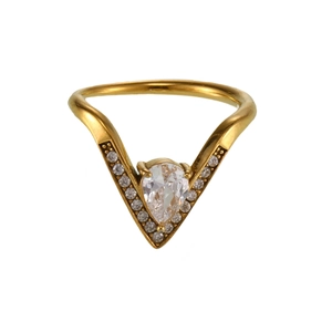Minimalist V-shaped gold ring with pear-cut center stone and micro-pave round zircons