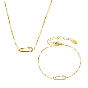 Gold plated stainless steel paperclip necklace and bracelet set with sparkling zirconia