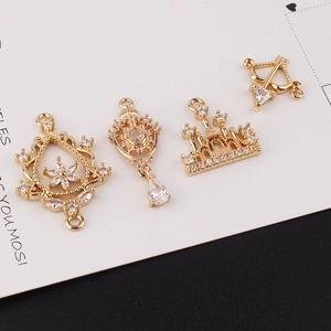 Retro Gold Plated Copper Zirconia Charm Pendants Arrow Castle Crown Flower Shapes For DIY Jewelry Making Accessories