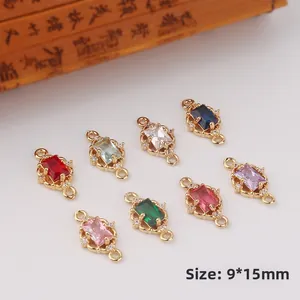 Vintage rectangle zircon connector charms in eight colors with gold plated diy borders