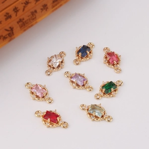 Rectangle zirconia link charms in multiple colors with gold-plated hollow frame for jewelry DIY
