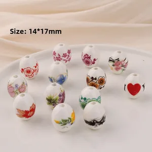 DIY ceramic beads set with floral patterns for jewelry making, oval 14x17mm size