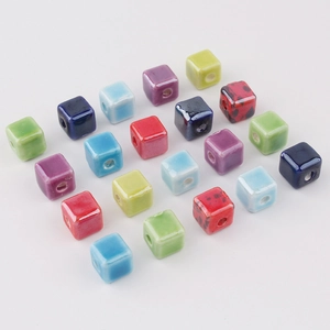 Colorful cube ceramic beads for jewelry making with glossy finish and center hole