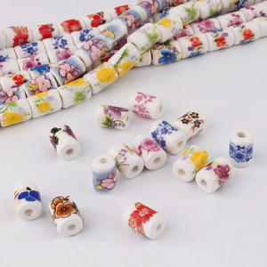 Cylinder Ceramic Beads Floral Printed Barrel Loose Beads For DIY Jewelry Making Bracelet Necklace Ethnic Style Accessories