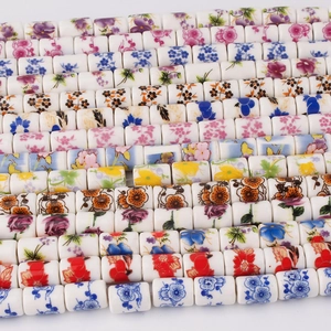 Patterned cylinder ceramic beads for DIY jewelry making in vibrant floral designs