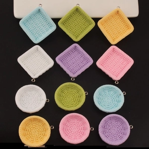 Mini resin woven basket charms in pastel colors for DIY jewelry making and craft projects