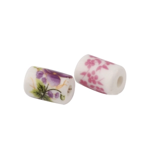 Cylindrical ceramic beads with purple floral print for DIY jewelry and bracelet making