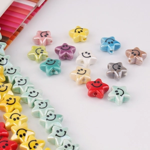 Colorful ceramic star beads with smiley faces for DIY jewelry making and bracelets