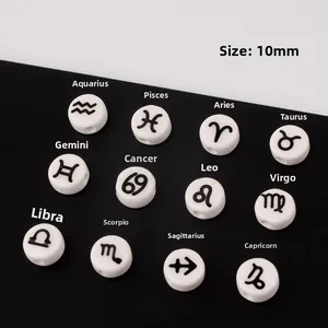 White Round Ceramic Zodiac Beads Flat Disc Loose Beads For DIY Bracelet Necklace Jewelry Making Twelve Constellation