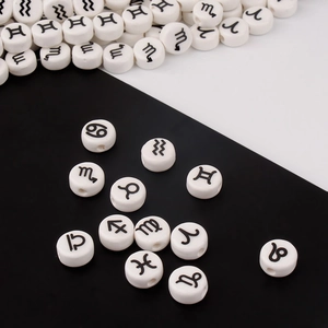 White circular ceramic beads with black zodiac symbols for DIY bracelet jewelry making
