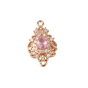 Connecteur goutte d'eau plaqué or avec zircon rose et pompons pour la création de bijoux
