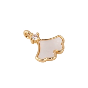 Ginkgo-Blatt-Anhänger mit vergoldetem Rahmen, Perlmutt-Inlay und kleinem Zirkonia-Stein