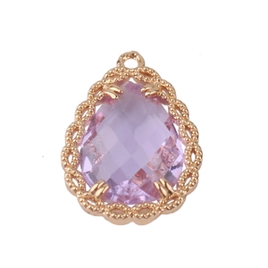Colgante de gota de cristal púrpura con marco de encaje dorado para joyería artesanal
