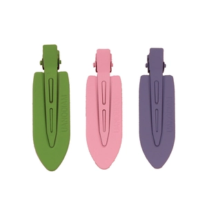 Three-piece seamless matte drop-shaped hair clips in green, pink, and lilac colors