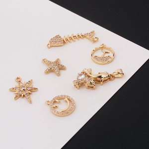 Gold Plated Copper Zirconia Pendants For DIY Jewelry Making Whale Tail Dolphin Starfish Fish Bone Smile Face Charms