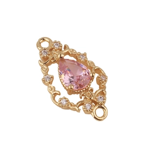 Hollow gold teardrop charm with pink zircon and micro-pave crystals for DIY jewelry making