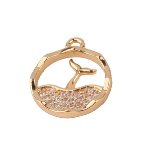 Golden dolphin tail round pendant with pavé rhinestones for DIY jewelry making