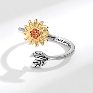 Bague rotative tournesol avec gravure You are my sun Shine et pierres en zircon
