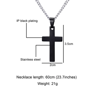 Polished black stainless steel cross pendant necklace with 60cm chain for men