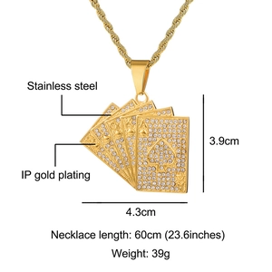 Hip hop 10JQKA poker card necklace in IP gold plated stainless steel with iced out stones