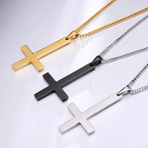 Saint Peter inverted cross necklaces in polished gold, black and silver stainless steel