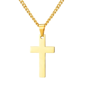 Polished gold stainless steel cross pendant necklace for men with classic metal chain link