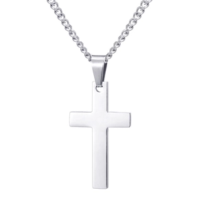 Polished silver stainless steel cross pendant necklace with curb chain for men