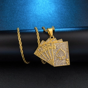 Hip hop royal flush poker cards pendant necklace with gold plating and white rhinestones