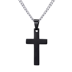 Polished black stainless steel cross pendant necklace with a silver Cuban chain for men