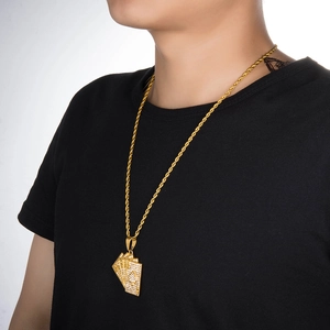 Hip hop style gold plated poker card necklace with white rhinestones on a twisted rope chain