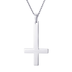 Polished silver stainless steel inverted St. Peter cross pendant with fine chain link