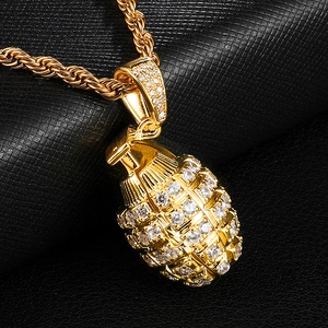 Hip-Hop Granaten Anhänger Halskette in Gold mit Zirkonia-Steinen und Kordelkette