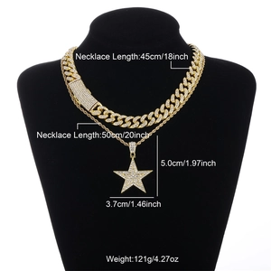 Conjunto de cadena cubana dorada y cuerda con colgante de estrella brillante de hip hop