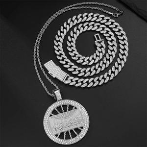 Collier Hip Hop Set Pendentif Rond La Cène Strass Alliage Chaîne Cubaine de Corde Bijoux pour Hommes